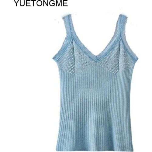 Simulated diamond Women Black Knitted Tank Tops Sleeveless Tees V-Neck Slim Top Female Casual Tank Tops For Women Summer TSP206