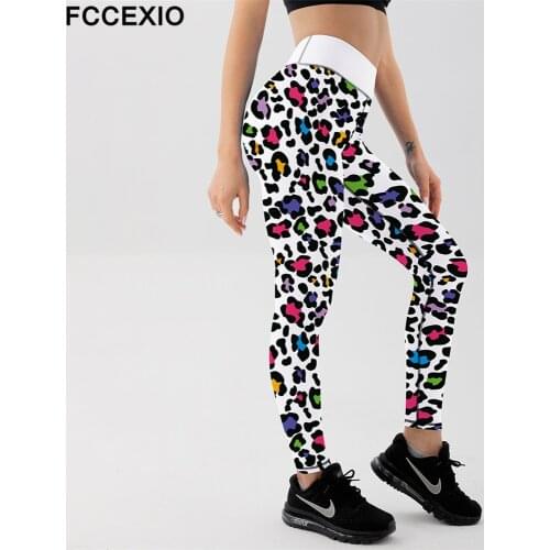 FCCEXIO Leopard Grain Color Print Womens Pants Push Up Run Sports Leggings Slim Pants Fitness Leggings Female Casual Trousers