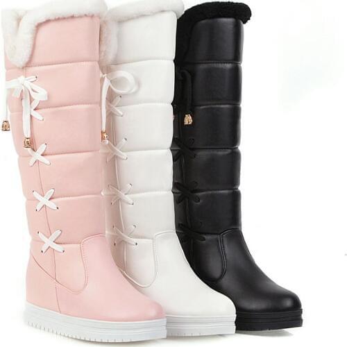 2019 New Winter Women Knee-High Boots Height Increasing Middle Heel Round Toe Sexy Ladies Women Platform Shoes Black Snow Boots