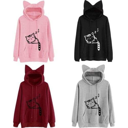 Online trend Cat ears Hoodies Harajuku Cute Women Sweatshirts Kawaii Cat pattern Spring Autumn Pullovers Print Girls Clothes