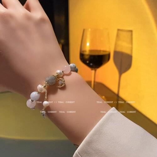 Real Gold Plated Freshwater Pearl Beaded Bracelet Female Zirconia Star Moon Love Heart Pendant Bracelets for Women Girl