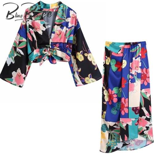 BlingBlingee Za 2021 Summer Woman Traf Outfits Female Floral Print Casual 2 Piece Sets Kimono Sleeve Crop Tops + Long Maxi Skirt