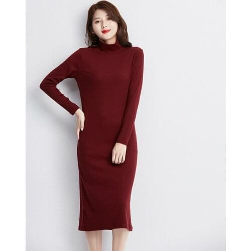 Spring High Collar Long Sleeve Wine Red Cotton T-shirt Dress Women Korean Style Slim Fit Bodycon T Shirt Dress Elegant Vintage