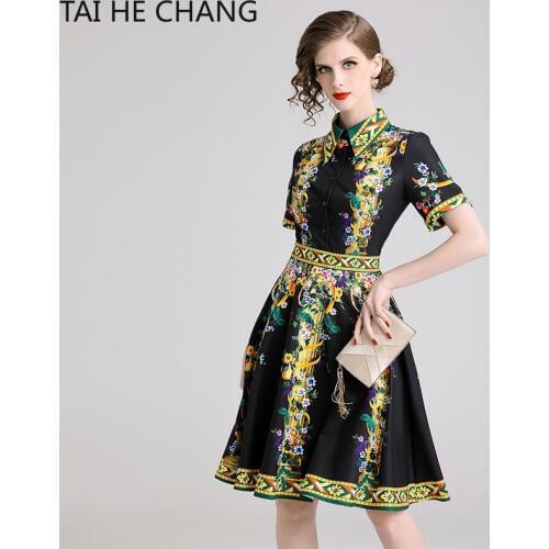 2019 Women Dress New Summer Spring Elegant Bodycon Vintage Party Runway Casual Print Short Sleeve Midi Shirt Office Work Dresses