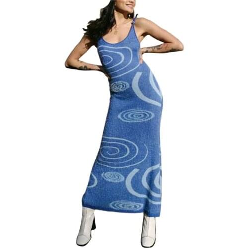 Print Knit Bodycon Dress for Women Y2K Green Hollow Out Midi Dresses Sleeveless 2021 Summer Beach Dress