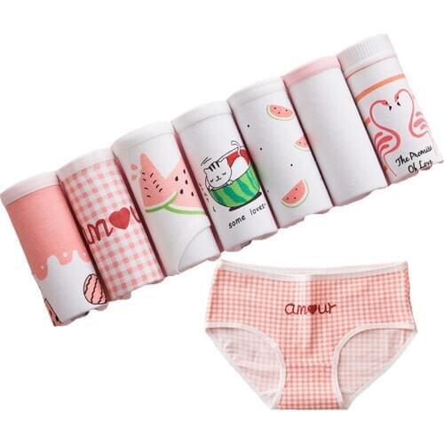 7 Pcs/Set Cotton Underwear Womens Sexy Panties Fruit Underpants Briefs Girls Lingerie Solid Pink Color Panty Lady Intimates