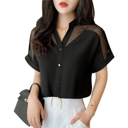 Womens Tops and Blouses 2020 Summer Short Sleeve Shirt Fashion Mesh Stitching V-neck Women Shirts Blusa