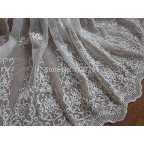 White embroidered tulle lace fabric, wave edging design trim, wedding bridal gown fabric