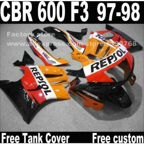 Motorcycle parts for HONDA CBR 600 F3 fairings 1997 1998 CBR600 F3 97 98 yellow black REPSOL fairing kit + 7 gifts