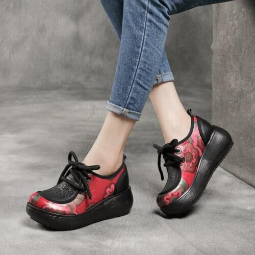 2021 Spring New Ethnic Style Leather Lace-up Womens Shoes Thick-soled Wedges Color-blocking Platform Comfortable Big-toed Shoes