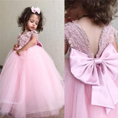 Pink Pearls Lace Flower Girl Dresses Hand Made Flowers Little Girl Birthday Dresses Kids Pageant Party Gowns with Bow