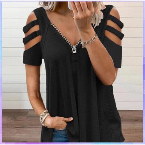 Solid Womens Casual T Shirt V Neck Zipper Loose Woman T-shirts Short Sleeve Top Summer Sexy Plus Size Female Clothing Tops