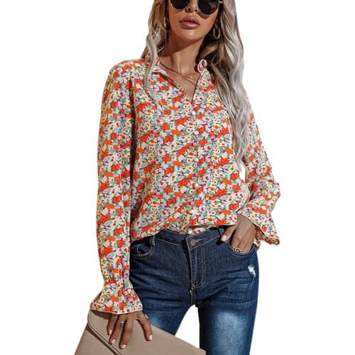 2021 Women Casual Button Down Shirt Flower Printed V-neck Long Sleeve Button Shirt Female Slim Blouse for Spring/Autumn S-XL