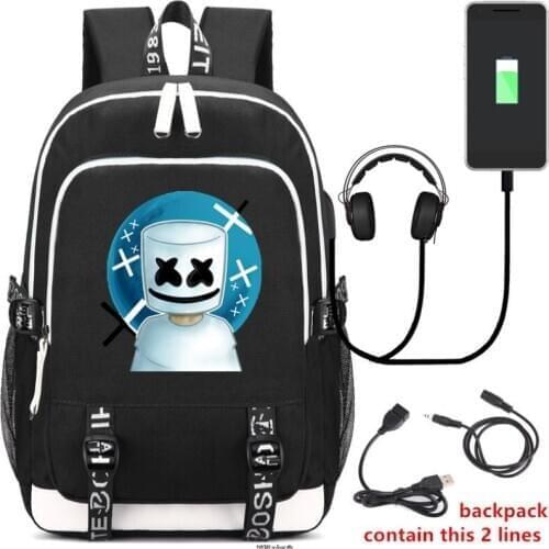 Backpack DJ Marshmello School Bag For Teenagers Travel Backpack USB Charge Backpack With Headphones Hole Student Laptop Mochila