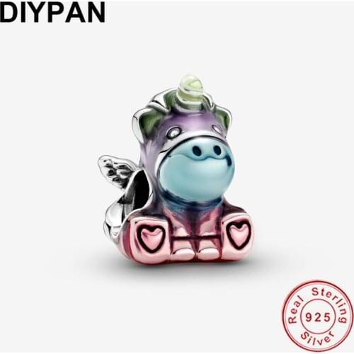 Fit Pandora Original Bracelet Charm 925 Silver Colourful Rainbow Bruno the Unicorn Charm Pendant Bangle Jewelry Berloque