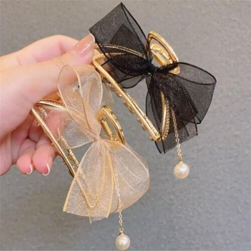 Women Barrettes Geometric Net Yarn Bow Alloy Hair Claw Shark Clip Hairpins Lady Hairgrip Headwear Girl Ornaments Hair Accessorie