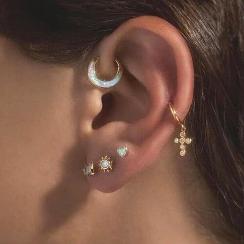 2021 New 925 Setting Star Moon Sun Opal Round Stone Stud Earring Delicate Cubic Zirconia Earrings Minimalist For Women Jewelry