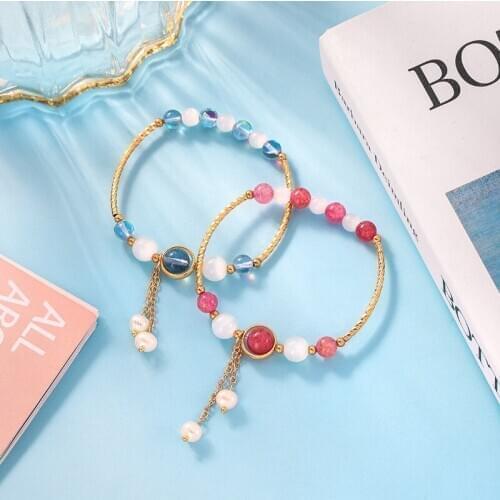 Micro setting zircon star moon Bracelet Star Design Pendant Natural Stone Bracelet for women strawberry crystal moon presents