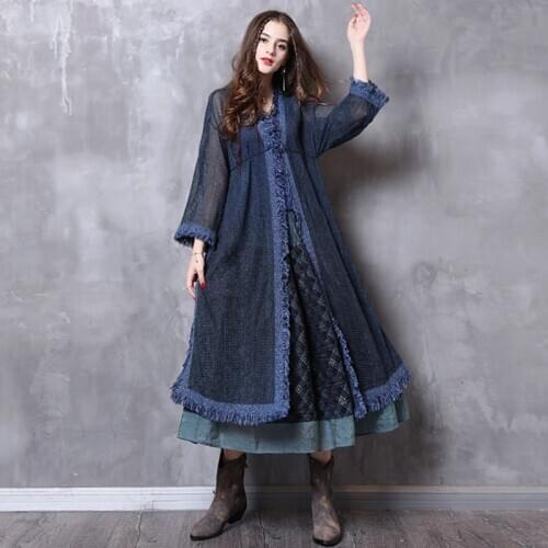 Johnature Women Blue Vintage Cardigan Sweaters 2021 Autumn New Long Sleeve Tassel Casual Cotton Blend Female Long Sweaters