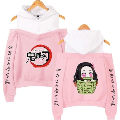 Girls Women Off Shoulder Sweatshirts Anime Demon Slayer Kimetsu No Yaiba Hoodie Nezuko Kamado Cosplay Costumes Anime Clothes
