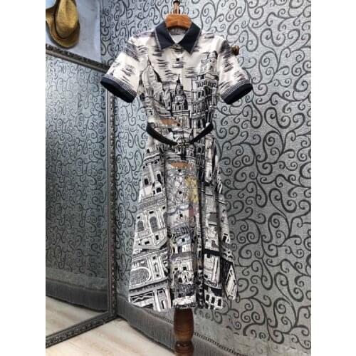 New 2021 Summer Long Shirt Dress High Quality Women Turn-down Collar Vintage Building Print Short Sleeve Casual Cotton Dress