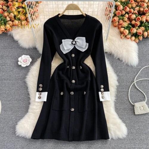 New Women Autumn Fashion Designer Party Short Dress Long Sleeve Bow Pockets Black Elegant Knitting Ladies Pencil Dresses