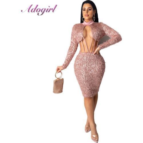Elegant Fur Sequins Full Sleeve Turtlenek Mini Dress Women Sexy Hollow Out Backless Bandage Evening Party Club Dresses Vestidos