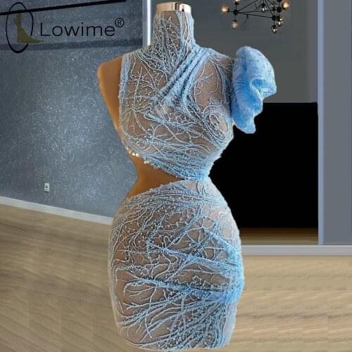 Robes De Cocktail Light Sky Blue High Neck Short Prom Dresses Pearls Sequined Mini Party Gowns Abendkleider 2021