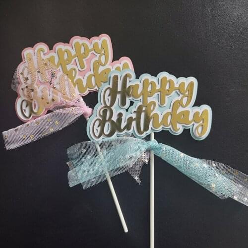 1PC Happy Birthday Cake Letter Star lace Bowknot Cupcake Topper For Boys Birthday Party Cup Cake Toppers Decorating Supplies