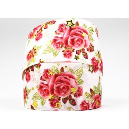 22-75mm gold foil flower printed glowing star ribbon 10/25/50 yards DIY Handmade Gift Packing Wedding Decoration ribbons