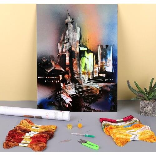 Abstract City Printed Water-Soluble Canvas 11CT Cross Stitch Patterns Embroidery DMC Threads Craft Knitting Floss
