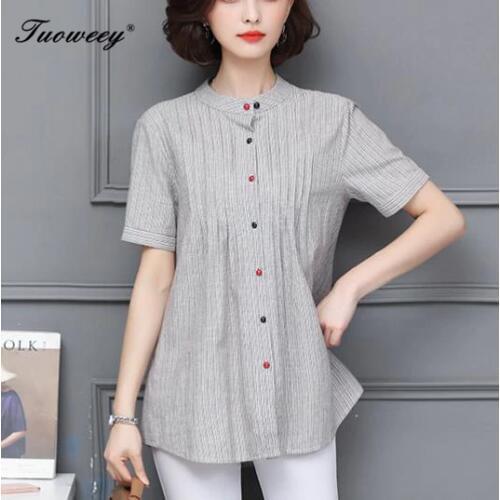 Plus Size 4xl Women Bluse Striped Cotton Shirt short Sleeve Womens Shirts Blouse Fashion color button Womens Tops and Blouses