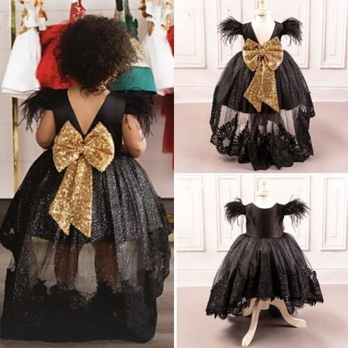 High-low Black Lace Kids Party Dresses Glitter Sequin Bow Knot Pagnant Gowns Feather Sleeves V Back Flower Girl Dresses