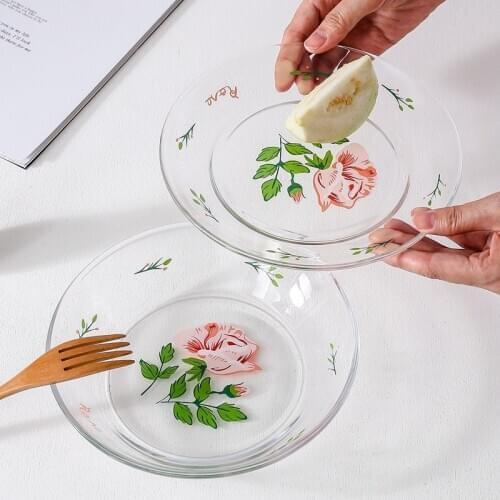 Cutelife Korean Style Ins Rose Glass Plate Retro Vintage Simple Salad Dish Dessert Plate Stand For Cake Snack Tray Wedding Plate