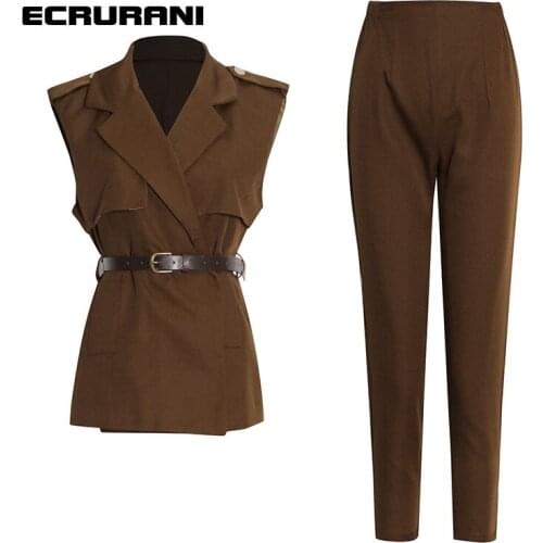 ECRURANI Brown Patchwork Elegant Trouser Suit For Female Notched Sleeveless Top High Waist Slimming Pant 2021 Womens Autumn Set
