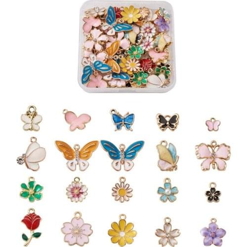Pandahall 80pcs/Box Alloy Enamel Pendants Charm Colorful Flower Butterfly for Earring Necklace Jewelry Making Craft Accessories