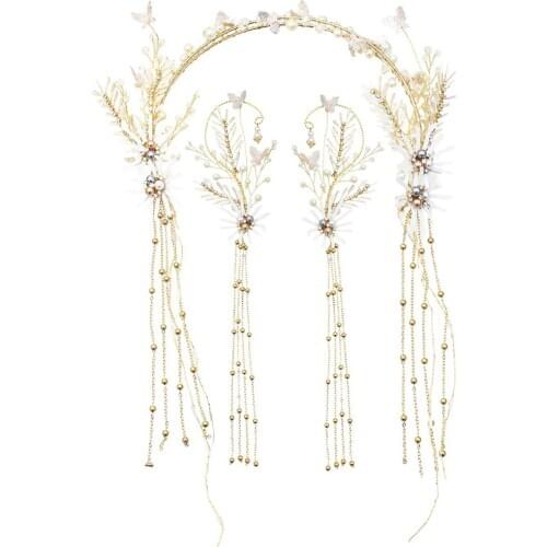 European Bridal Luxury Pearl Crystal Flower butterfly Headbands Wedding Hair ear hanging Handmade Women Chain Headband