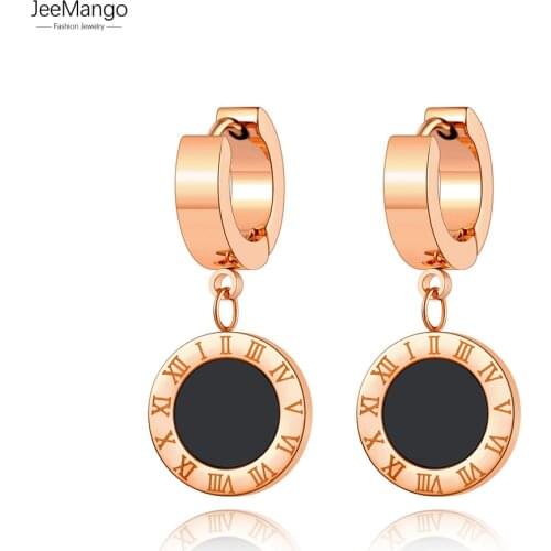 JeeMango Black Single-sided Roman Numerals Round Circle Earrings Titanium Steel Rose Gold Color Female Hoop Earrings JE18114
