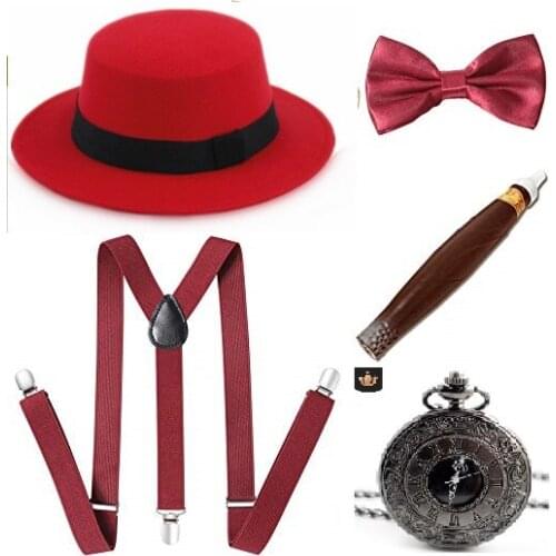 Ecoparty 1920s Mens Gatsby Gangster Accessories Set Panama Hat Suspender Bow Tie 1920s mens accessories set
