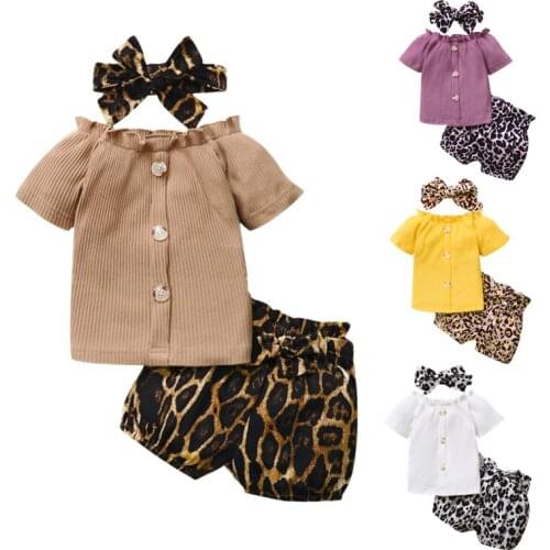 Baby Girls Leopard Clothes Set Off Shoulder Ribbed Knitted Button Top +Short Pants 0-24 Months Newborn Outfits Infant Suits