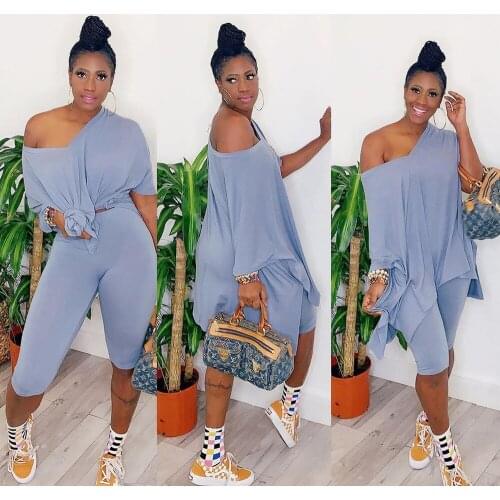One Shoulder Asymmetrical Two Piece Sport Suit for Women Side Split Short Sleeve Loose T Shirts and Knee Length Pant Sweatsuit