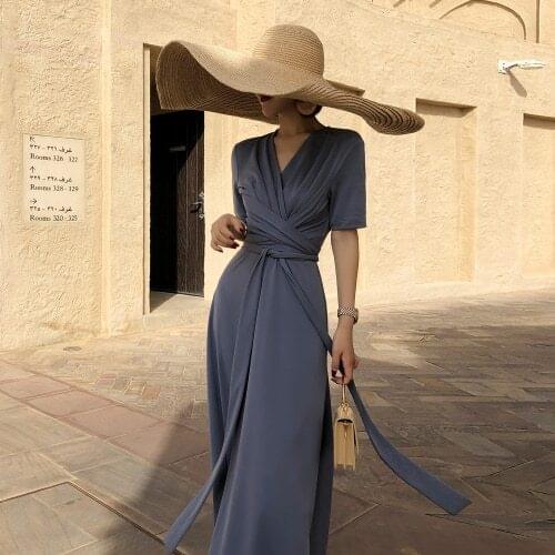 Blla Philosophy Summer V-neck Short Sleeve Ankle-length Beach Dress Women Satin Maxi Dresses For Women Womens Clothing Casual