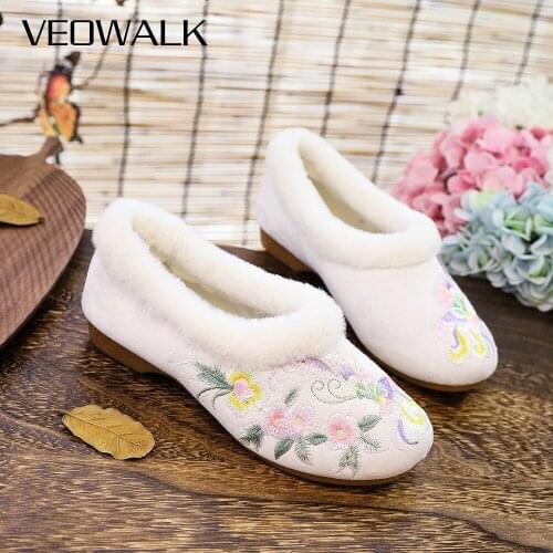 Veowalk Winter Women Cotton Fabric Embroidered Flat Shoes Warm Short Plush Slip On Low Top Chinese Embroidery Ballets
