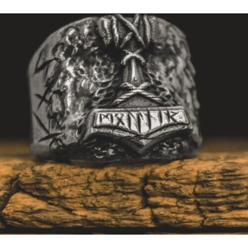 Viking Mens 316L Stainless Steel Son of Odin Thor Hammer Biker Ring Mjolnir Rune Amulet Rings Norse Jewelry Gifts