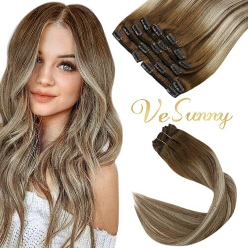 VeSunny Double Weft Clip in Hair Extensions Real Human Hair 7pcs 120gr Clip Hair Balayage Medium Brown Highlights Blonde #6/60/6
