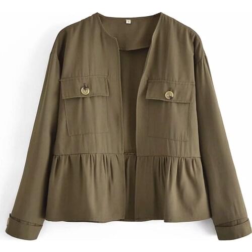 Za Vintage Stylish O Neck Loose Jacket Coat Women 2021 Fashion Long Sleeve Ladies Laminated Decoration Outerwear