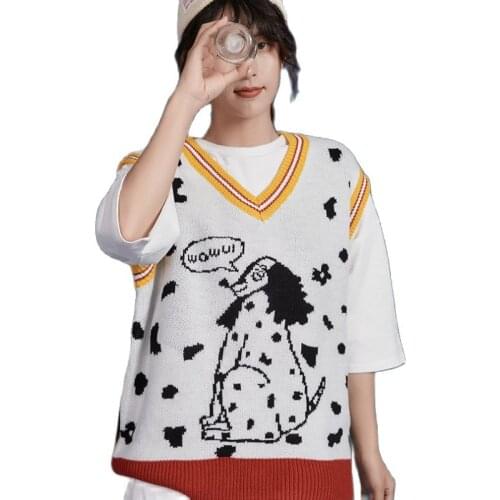 Japanese Womens Cartoon Dog Embroidery Knitted Sweaters Y2k Sleeveless Vest Winter Warm V Neck Female Jumper Cute Pullovers