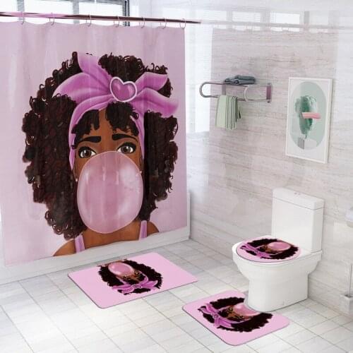African Women Shower Curtain Beautiful Girl Blowing Bubbles Bathroom Curtains Non-Slip Rugs Pedestal Carpet Toilet Bath Mat Set