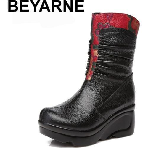 BEYARNE Fashion Women Winter Genuine Leather Boots Handmade Vintage Slip-resistant Mar Boots Wedges Shoes Woman