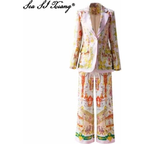 Seasixiang Fashion Designer Autumn Suit Women Long Sleeve Single Button Tops Coat +Wide Leg Pants Indie Folk Print Two Piece Set